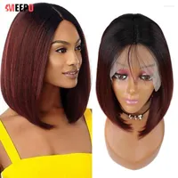 Synthetic Wigs Meepo 14Inch Short Bob Human Hair Feeling Middle Part Straight Wig With Baby Wine Red For Black Women Machine Made