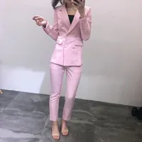 Women's Tracksuits 2022 Spring Autumn Ladies Elegant Slim Pink Blazer Suits Set OL Women Business Double Breasted Ankle Length Pants Y205