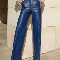 Womens Pants Capris Clacive Fashion Blue Pu Leather WomenS Elegant Slim High Waist Straight Trousers Streetwear Pantalones Female Clothing 220929