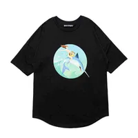팜 디자이너 빈티지 대형 땀 고급 흰색 폴로 티셔츠 패션 남성 여성 애호가 면화 인어 상어 프린트 느슨한 둥근 목