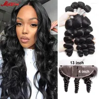 Human Hair Bulks 10A Peruvian Loose Wave Bundles With Frontal Closure Remy Weave 40 Inch HD Transparent Lace