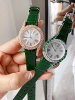 Full diamond limelight gala watches Women Geometric Roman Number 69 Wristwatch Green Genuine leather Quartz Watch Female White Mother of Pearl Shell dial 32mm