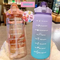 Water Bottles 2 Liter Cute Bottle With Stickers Straw Bounce Lid Time Scale Reminder Frosted Cup For Outdoor Sports Kawaii