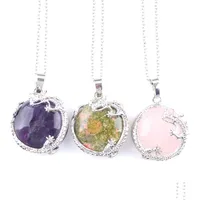 Pendant Necklaces Dragon Around Flat Round Bead Dangle Pendants Energy Jewelry Sier Necklaces Natural Stone Amethyst Opal Qu Lulubaby Dhlux