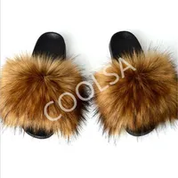 Women's Summer Faux Fox Fur Slippers Fluffy Plush Home Shoes Women Fur Slides Ladies Fake Fox Hair Sandals Female Fur Flip Fl198S