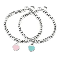 Charm Bracelets Blue Heart Beads Bracelet & Bangle Stainless Steel Pink&Red Pendant Brand Tif Design Women Elegant Jewelry Gift Br3369
