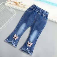 Jeans Toddler Girl Flared Trousers Boot Cut Pants Blue Fashion Style Baby Girls Bell Bottoms Bow Burrs Denim Wide Leg 4-6Y