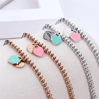 Fashion Jewelry Women Stainls beaded bracelet Forever Love enamel pink blue Heart charms Pulsera Bracelets3061