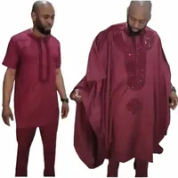 ethnic Clothing H&D African Agbada Men Clothes Suits Robe Tops Pant 3 Pieces Set Traditional Men's Dashiki With Rhinestones R8eU#