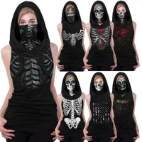 Women's Hoodies 2022 Summer Casual Womens Mens Halloween T-Shirt Skeleton Print Sleeveless Hooded Pullover With Mask For Adults Women