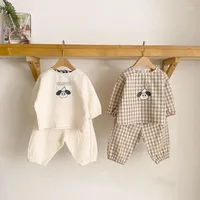 Clothing Sets 2022 Baby Cotton Linen Clothes Set Plaid Cartoon Casual Tops Pants 2pcs Cute Boy Girls Comfortable Infant Outfits