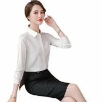 women's Blouses & Shirts Fashion Women White Long Sleeve Work Ladies Office 2 Piece Skirt And Tops Sets z7zB#