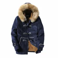 men's Down & Parkas Autumn And Winter Fur Collar Horn Buckle Deer Velvet Leather Coat Long Section Slim Thick Warm Youth Cotton Jacket BY261 X0zh#