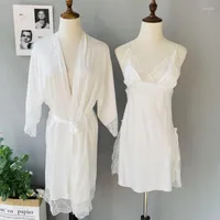 Women's Sleepwear White Rayon Wedding Robe Set Kimono Bathrobe Gown Sexy Patchwork Lace Suspender Nightdress Spring Summer Home Dress