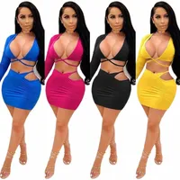 women's Tracksuits ZKYZWX Sexy Club Birthday Outfits Cross Bandagefull Sleeve Tops 2 Piece Set For Women Rave Festival Clothing And Mini Dre r5mq#