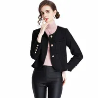 women's Jackets 2022 Autumn Jacket Black Tweed And Lace Single-breasted Fashion All-match Long-sleeved Cardigan Chaqueta Mujer i10S#