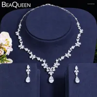 Necklace Earrings Set BeaQueen Brilliant Cubic Zirconia Crystal Wedding Party Dress Flower Drop For Brides JS089
