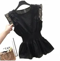 women's Blouses & Shirts Korean Women Cotton Linen Blouse Summer Tunic Tops Loose Sleeveless Pleated Shirt Black Ruffle Blusas Mujer Clothes b0hJ#