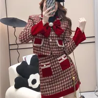 Two Piece Dress Autumn Winter Elegant Tweed Plaid Skirt Sets Women Sweet Chic Pearl Bow Woolen Jackets Mini Skirts Suit Korean Female Outfits 220929