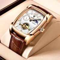 Нарученные часы Lige Mens Watchings Luxury Square Automatic Watch for Men Tourbillon Fashion Clock Изореные кожаные водонепроницаемые механические