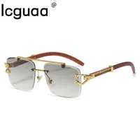 Retro Wood Printing Square Sunglasses Women 2022 Smoke Luxury Brand Designer Gold Lion Decoration Sun Glasses Men 0928
