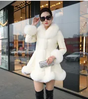 Women Plus Size winter Coats PU Leather Splicing Imitation fox fur collar plush sleeves Casual fashion leisure street long sleeves Outerwear mid-length jacket