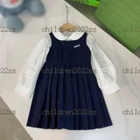navy blue dresses 2022 autumn girls sets vests skirts with white long sleeve shirts two pieces sets brand designer pleated skirt Lantern sleeves size 110-160cm