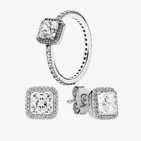 Wedding Ring & Earring sets authentic 925 Silver Jewelry for Pandora Square CZ diamond elegant Rings Stud Earrings with Original b251h