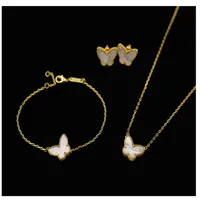 18K Gold Fashion Classic Sweet 4 Four Leaf Clover Butterfly Bracelet Earrings Necklace Jewelry Set for S925 Silver Van Women&Girls208B