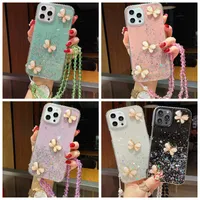 Bling Diamond 3D Butterfly Cases For Iphone 14 Pro Max 13 12 11 XR XS X 8 7 6 Plus Bling Foil Glitter Confetti Sequin Luxury Drop Glue Soft TPU Clear Phone Back Cover Strap