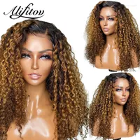 Ombre Honey Blonde Color Kinky Curly 4x4 Closure Frontal 13X6 Invisible Lace Front Human Hair Wigs For Black Women Preplucked