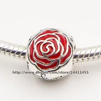 2015 New 925 Sterling Silver Belle Enchanted Rose Charm Bead with Red Rose Fits European Pandora Jewelry Bracelets Necklaces & Pen274p