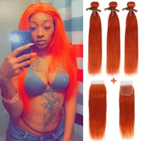 Human Hair Bulks Sleek Straight Bundles With Closure 28 Inch Blonde Orange Colored Remy Brazilian Extension