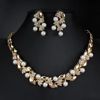Imitation Pearl Necklace Earrings Dubai Wedding Jewelry Set for Women Dresses Accessories Gold Colors2374