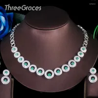 Necklace Earrings Set ThreeGraces Gorgeous Green Cubic Zircon Stone Bridal Wedding Round Drop Jewelry Accessories TZ505