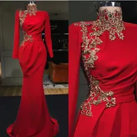 Luxury Dubai Muslim Red Mermaid Evening Dresses Long Lace Appliques Full Sleeves Beading Crystal Floor Length Prom Formal Party Gowns High Neck Celebrity Outfit