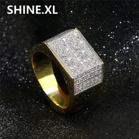 Hip Hop Rock Micro Pave CZ Stone Iced Out Bling Square Ring Copper Gold Rings for Men Jewelry Gift Ideas223Y
