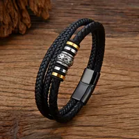 Mens Fashion Knitted Bracelets 316L Stainless Steel Multi-layer Braided DIY Black Leather Cord Bracelet Hip Hop Bangle