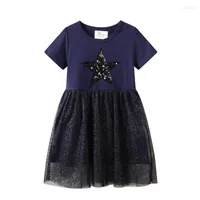 Girl Dresses 2022 Summer Dark Blue Dress Costume For Baby Birthday Party Clothes WIth Beading Embroidery Stars