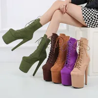 womens Suede 20cm thin heel Boots waterproof platform pole dancing shoes round head low boots high-end model catwalk hate sky high boot women lady size 35-44
