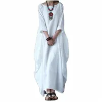 casual Dresses Cotton Linen White Maxi Dress Women Spring Summer Loose Plus Size Big Hem Boho Robe Long Three-Quarter Sleeve Kaftan 5XL 674K#