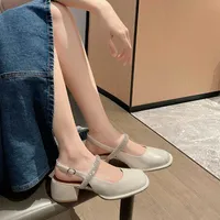 Sandals Mary Jane Baotou sandals lady 2022 summer new fairy Rhinestone middle heel one line belt back empty THICK HEEL SANDALS