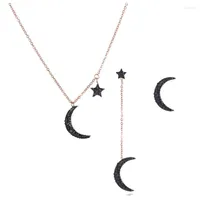 Necklace Earrings Set Fashion Jewelry Star & Moon Pendant Black Rhinestones Rose Gold Color Earring Chirstmas Gift
