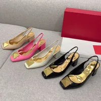 Womens Spring Summer Slingback Shoes Elegant Stud Sandal High Block Heel Closed Toe Genuine Patent Leather Ankle Strap