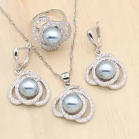 Necklace Earrings Set Noble Gray Pink Pearl For Women Wedding Cubic Zircon Silver Color Pendant Ring 3PCS