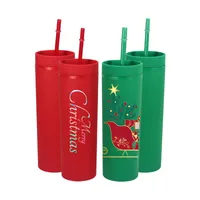 16oz Acrylic Skinny Tumbler Christmas Red And Green Mug Water Drinking Coffee Juice Cup Plastic Christmas Gift Bottle With Lid &Straw New Style Z1