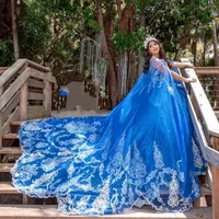 Princess Royal Blue Quinceanera Robes avec Cape Lace Applique Sequin Mexican Girls XV Vestido de Debutante para 15 Anos Pageant Robes