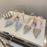 Dress Shoes Women&#39;s High-heeled Single 2022 Summer Fashion Transparent Rhinestone Pointed Middle Heel Sandals