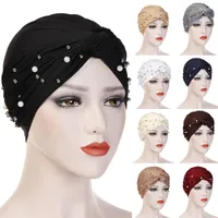 Ethnic Clothing Bead Decor Twisted Bow Jersey Hijab Scarf Muslim Women Soft Turban Headband Islamic Fashion Headwrap Hair Bonnet Chemo Cap
