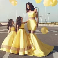 Girl's Dresses 2021 Ywllow Flower Girl Dress Satin A-line Floor Length Sleeveless Strapless Two Pieces Mother Daughter Prom170U